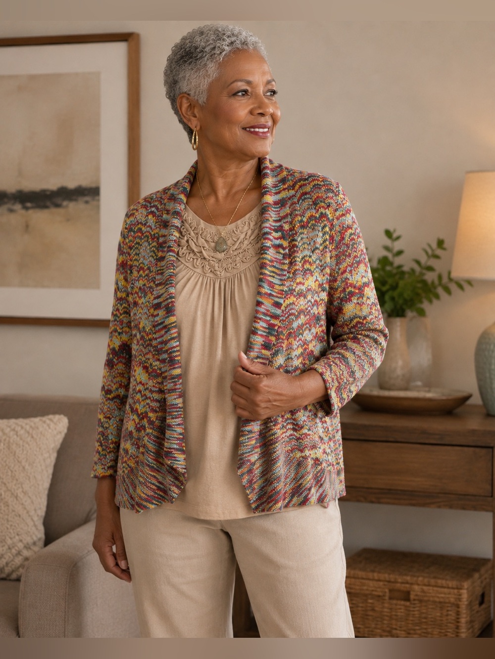 Roz & Ali 1X Multicolor Open Front Knit Cardigan Sweater